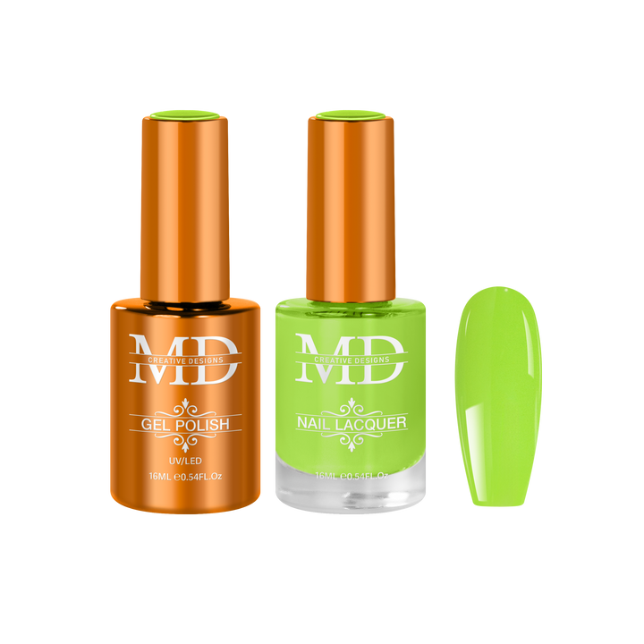 Two bottles of nail polish with a green nail tip swatch on a white background.