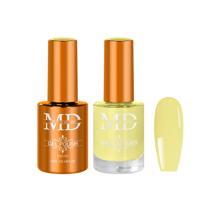 Two bottles of polish with a yellow nail tip swatch on a white background