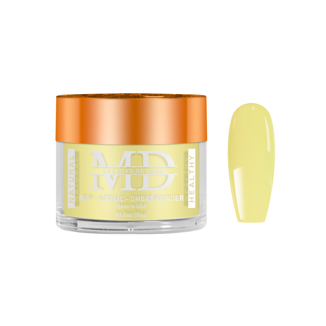 Yellow nail powder in a jar with a matching nail color swatch on a white background