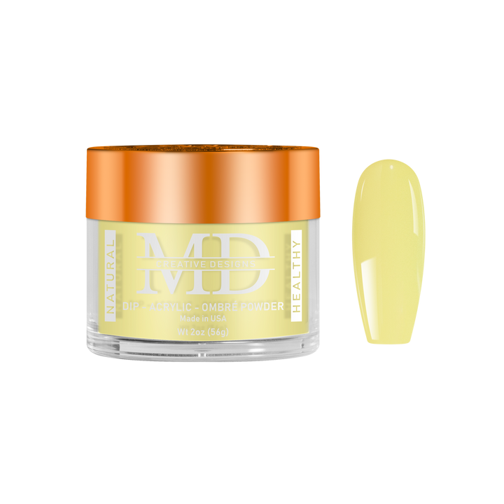 Yellow nail powder in a jar with a matching nail color swatch on a white background