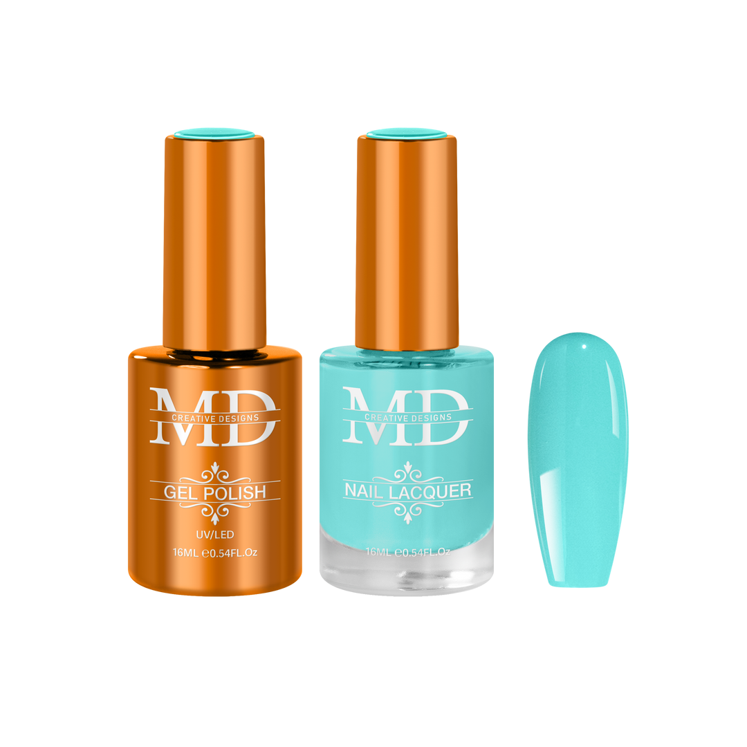Two nail polish bottles with a teal nail tip swatch on a white background.