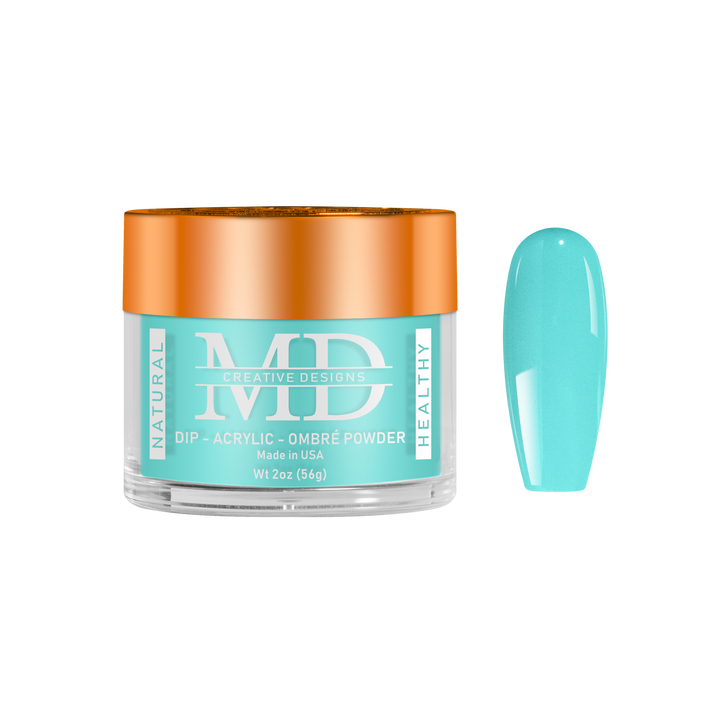 Turquoise nail powder in a clear container with orange lid on a white background