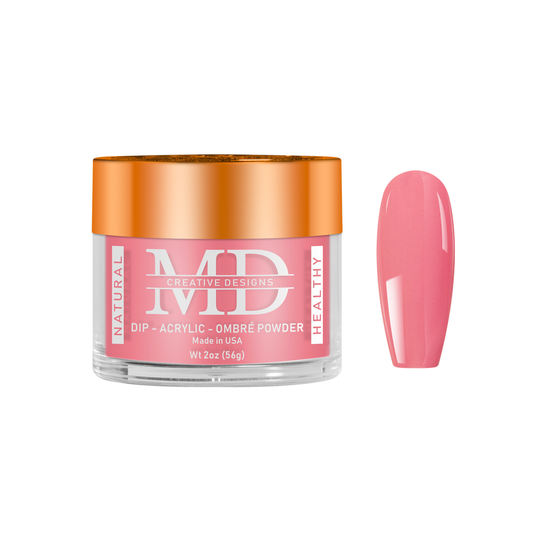 Jar of MD nail powder with a pink nail tip swatch on a white background