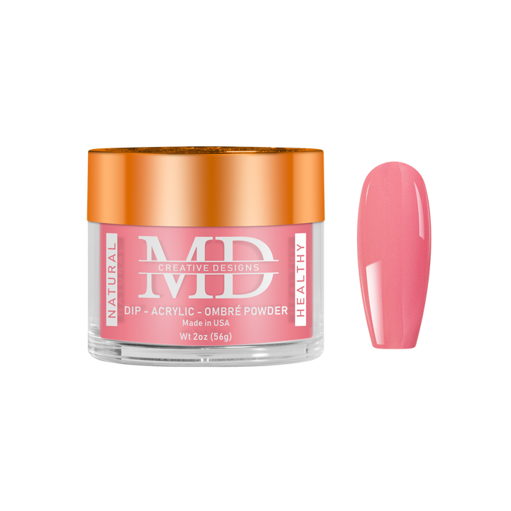 Jar of MD nail powder with a pink nail tip swatch on a white background