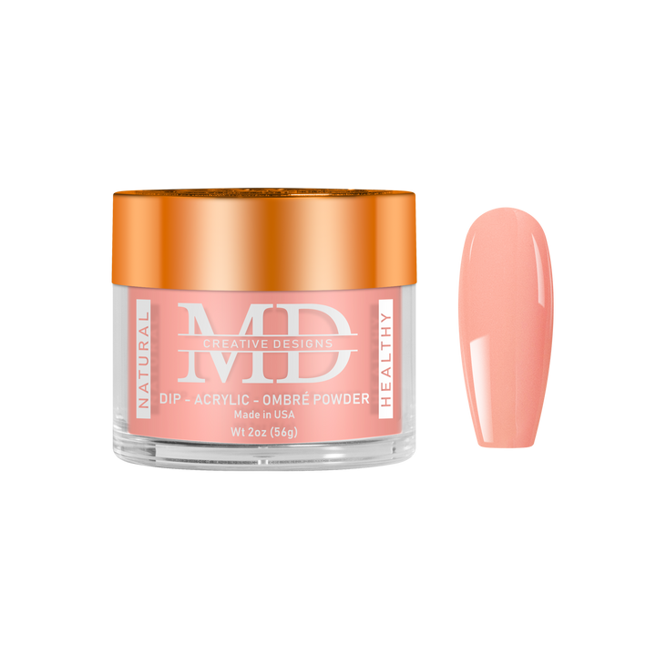 Jar of MD nail powder with a matching pink nail tip swatch on a white background