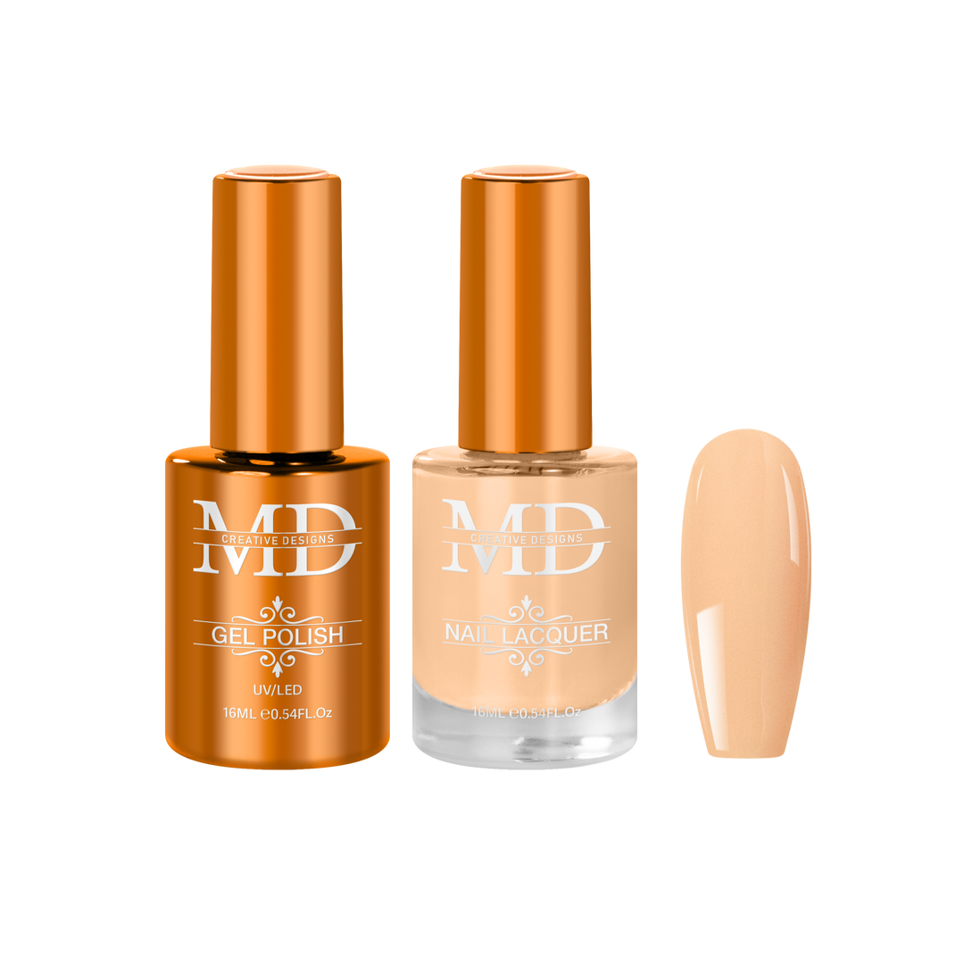 Two bottles of nail polish with a beige nail tip swatch on a white background