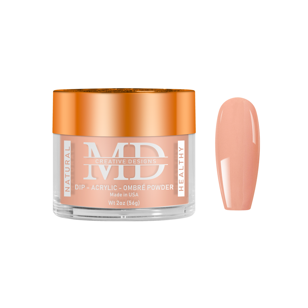 Jar of MD nail powder with a nail color swatch on a white background