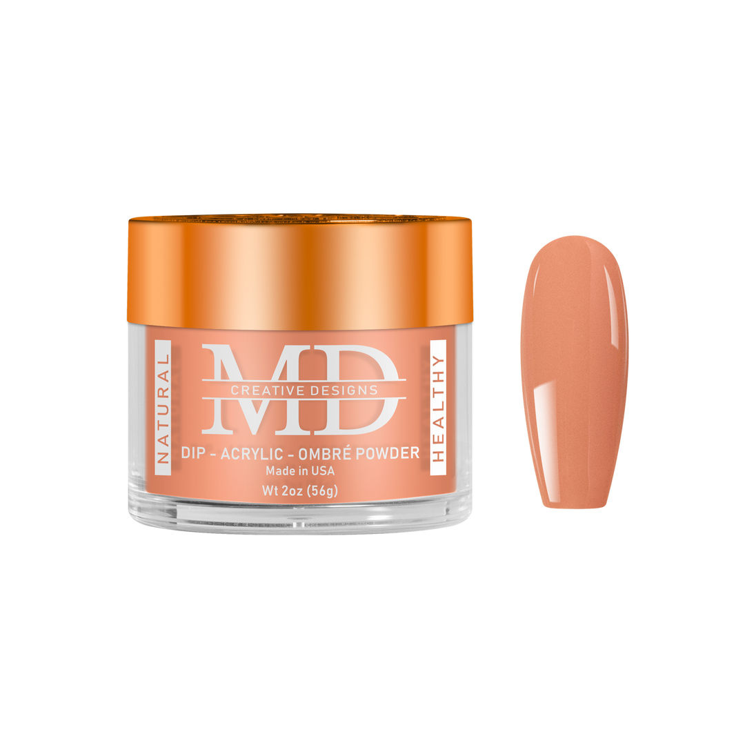 Jar of MD nail powder with a matching nail color swatch on a white background