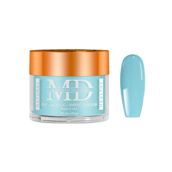 Jar of MD nail powder with a matching blue nail color swatch on a white background