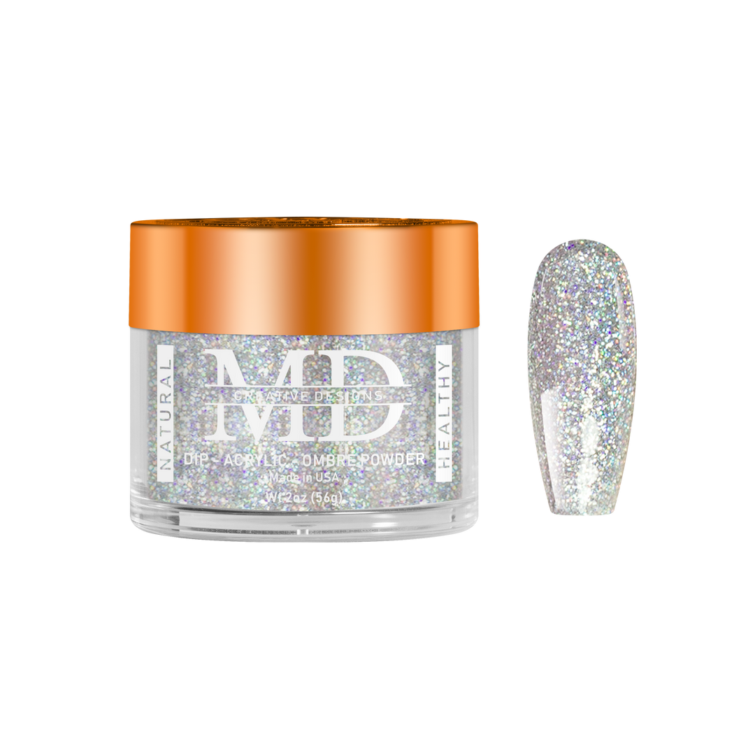 Jar of MD nail powder with a glittery nail tip swatch on a white background