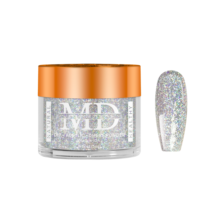 Jar of MD nail powder with a glittery nail tip swatch on a white background