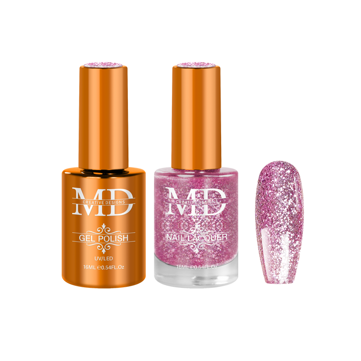 Two nail polish bottles with a pink glittery nail tip swatch on a white background