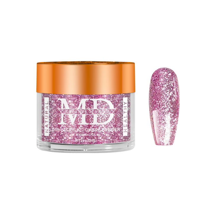 Jar of MD nail powder with a pink glittery nail tip swatch on a white background