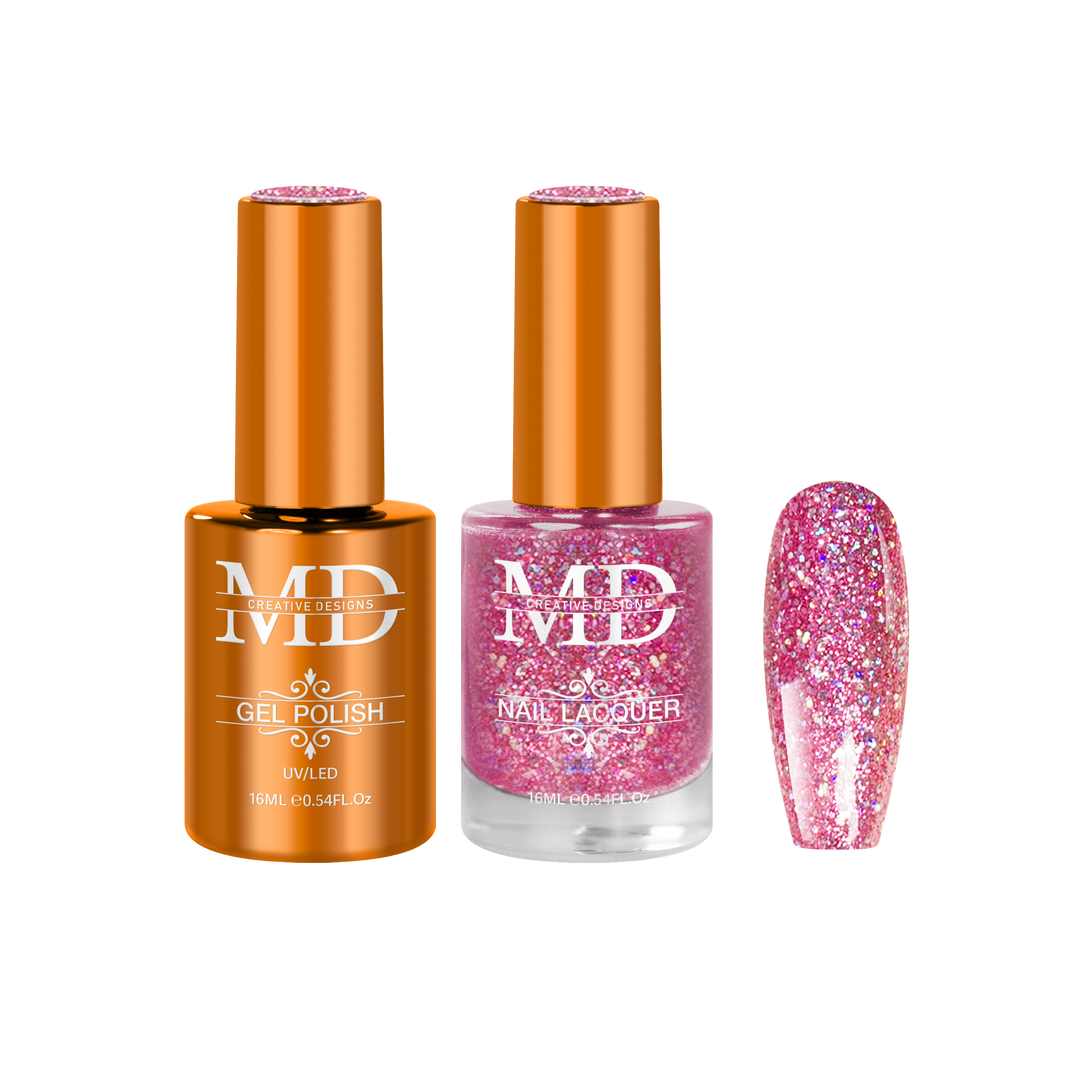 Two nail polish bottles and a glittery pink nail tip swatch on a white background