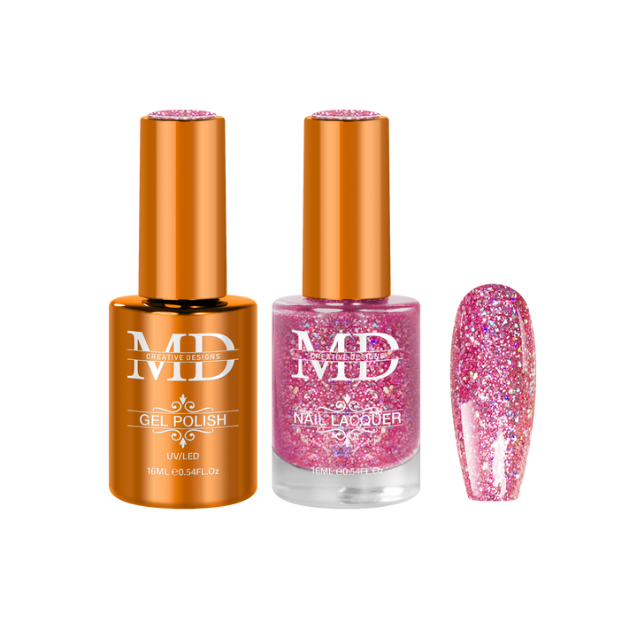 Two nail polish bottles and a glittery pink nail tip swatch on a white background