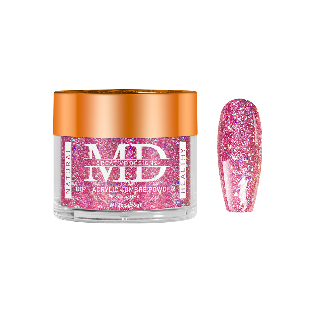 Jar of pink glittery acrylic powder with a matching nail color swatch on a white background