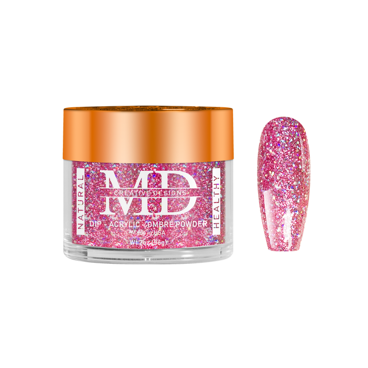 Jar of pink glittery acrylic powder with a matching nail color swatch on a white background