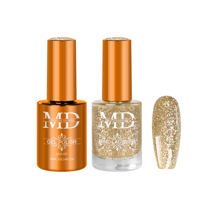 Two nail polish bottles with a glittery nail tip swatch on a white background.