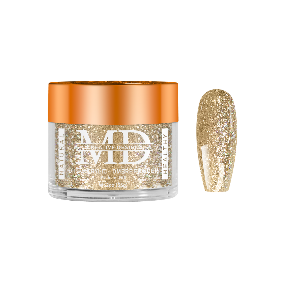Jar of glittery powder with a orange cap and a nail swatch on a white background