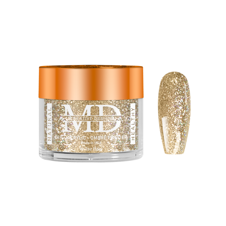 Jar of glittery powder with a orange cap and a nail swatch on a white background