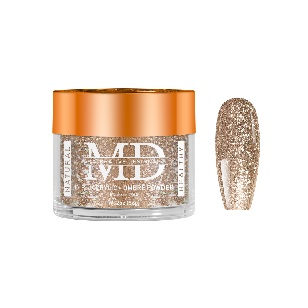 Jar of glittery powder with a gold and bronze color swatch on a white background