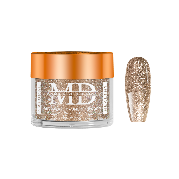Jar of glittery powder with a gold and bronze color swatch on a white background