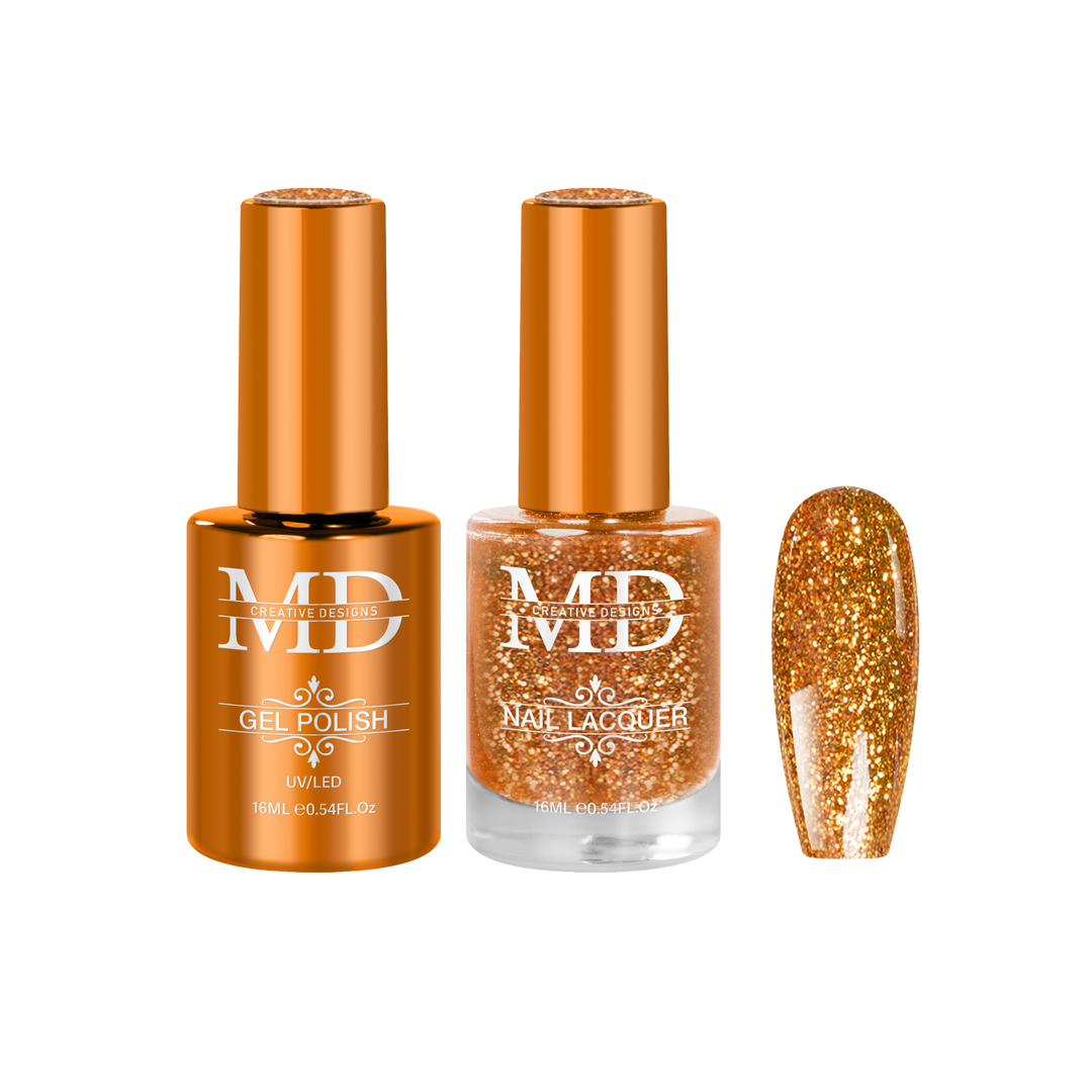 Two bottles of nail polish with a gold glittery nail tip swatch on a white background