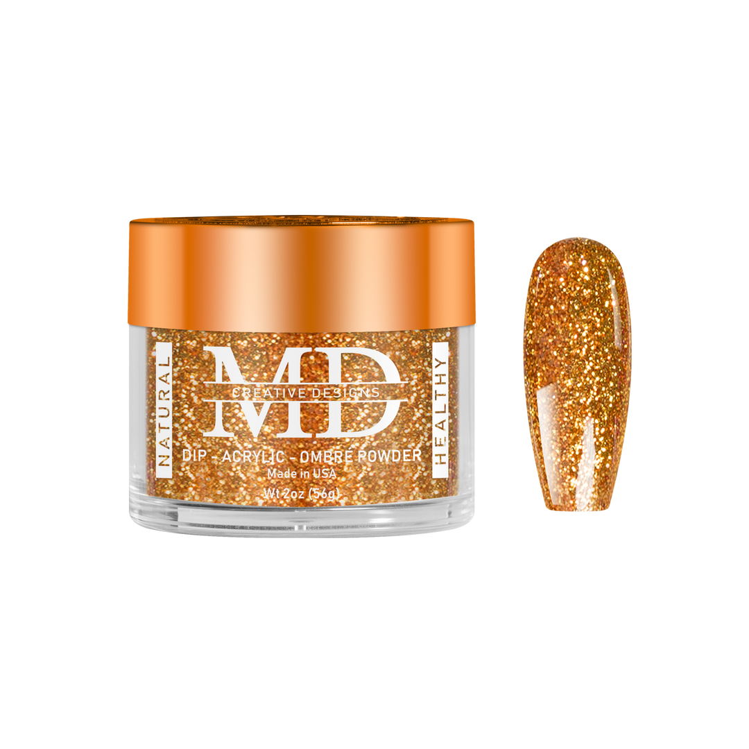 Jar of glittery gold powder with a matching nail color swatch on a white background