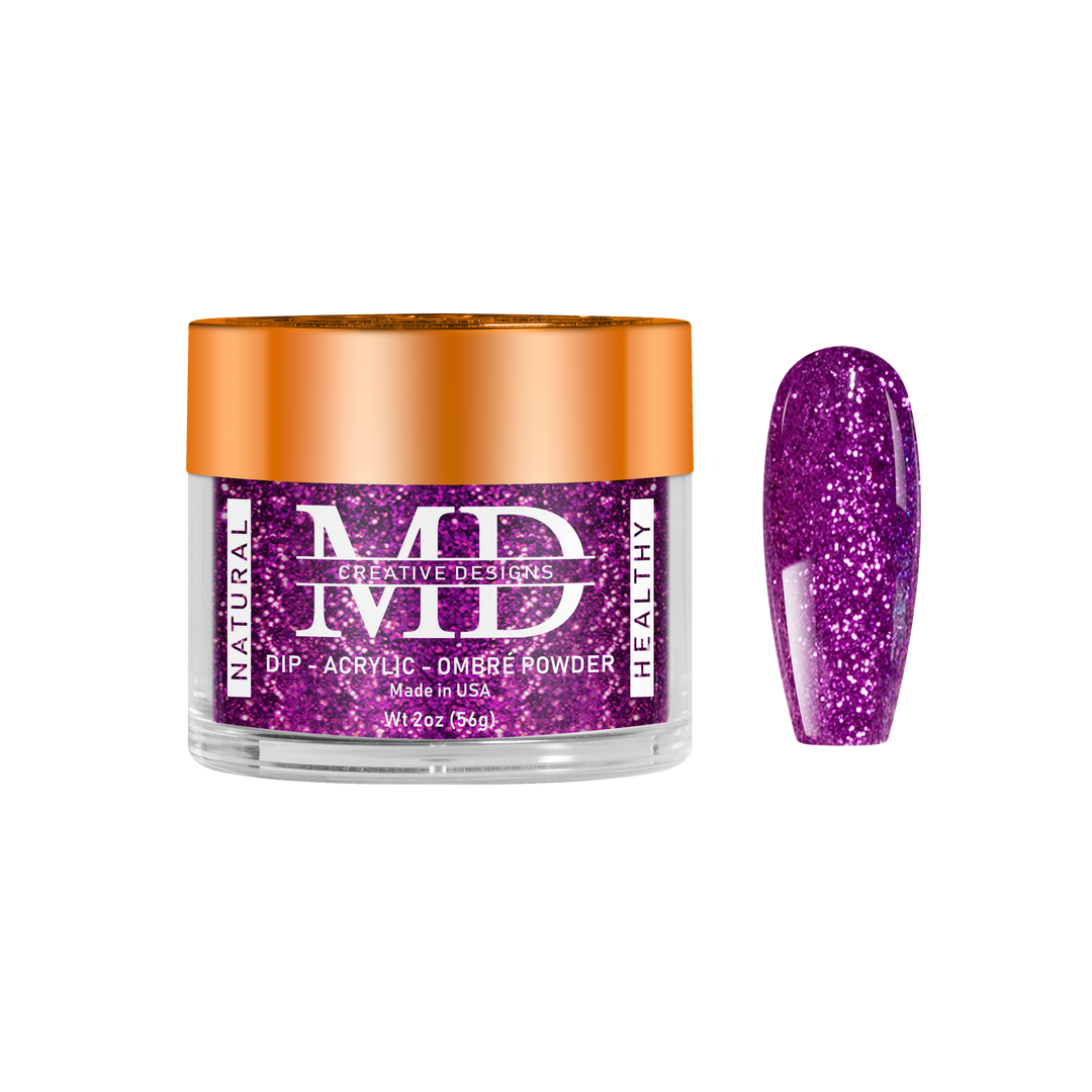 Purple glittery nail powder in a jar with an orange lid on a white background