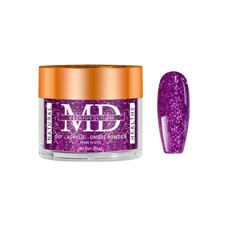 Purple glittery nail powder in a jar with an orange lid on a white background