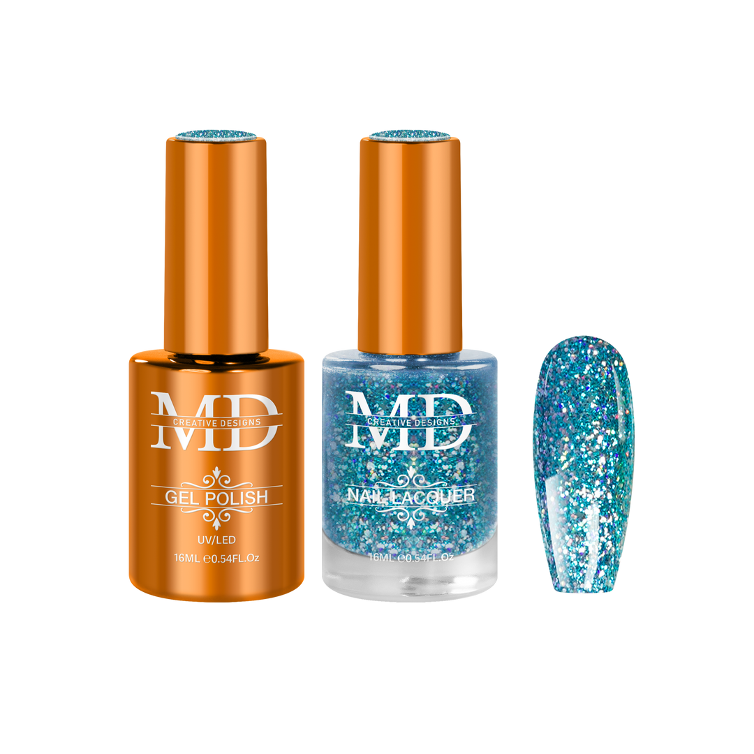 Two nail polish bottles with a glittery blue nail polish on a white background