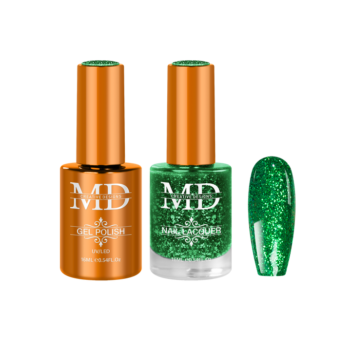 Two nail polish bottles with glitter, on a white background.