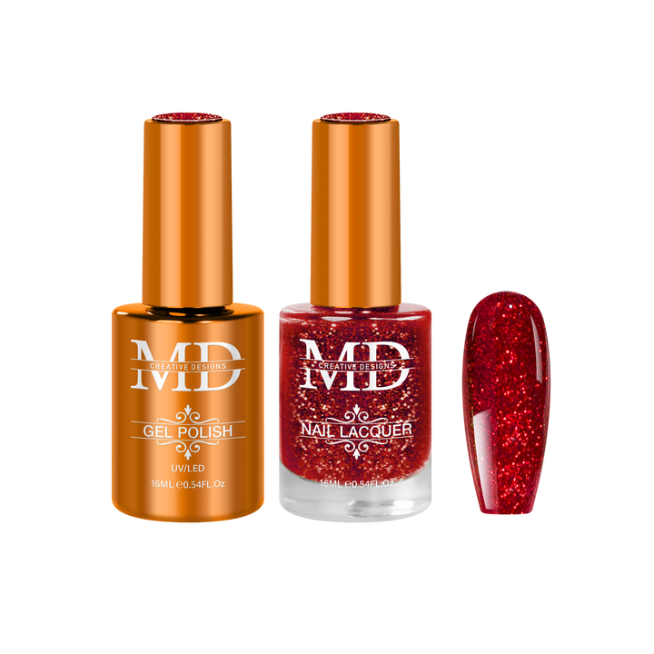 Two nail polish bottles with a red glittery nail tip swatch on a white background