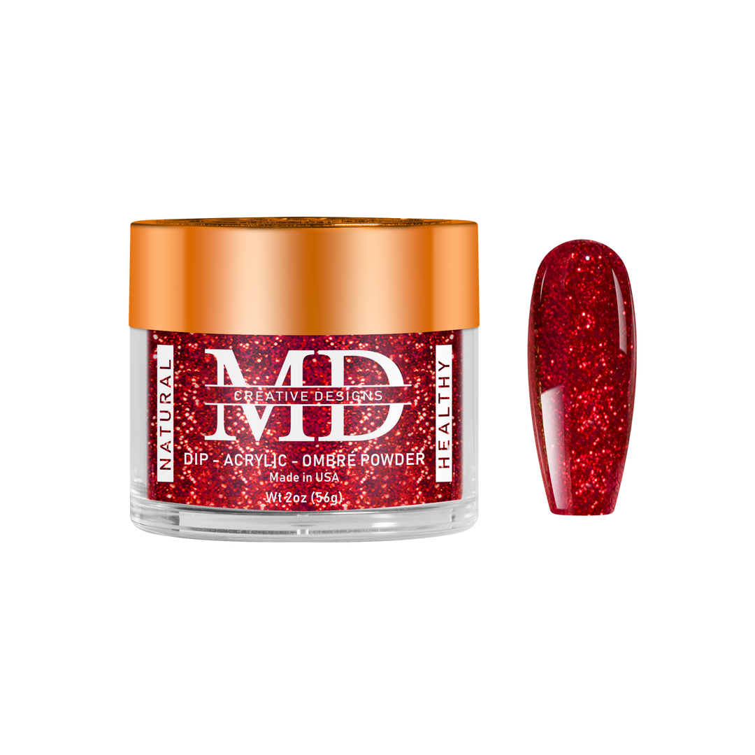 Red glittery powder in a jar with a nail tip swatch on a white background