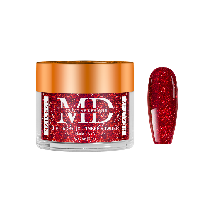 Red glittery powder in a jar with a nail tip swatch on a white background