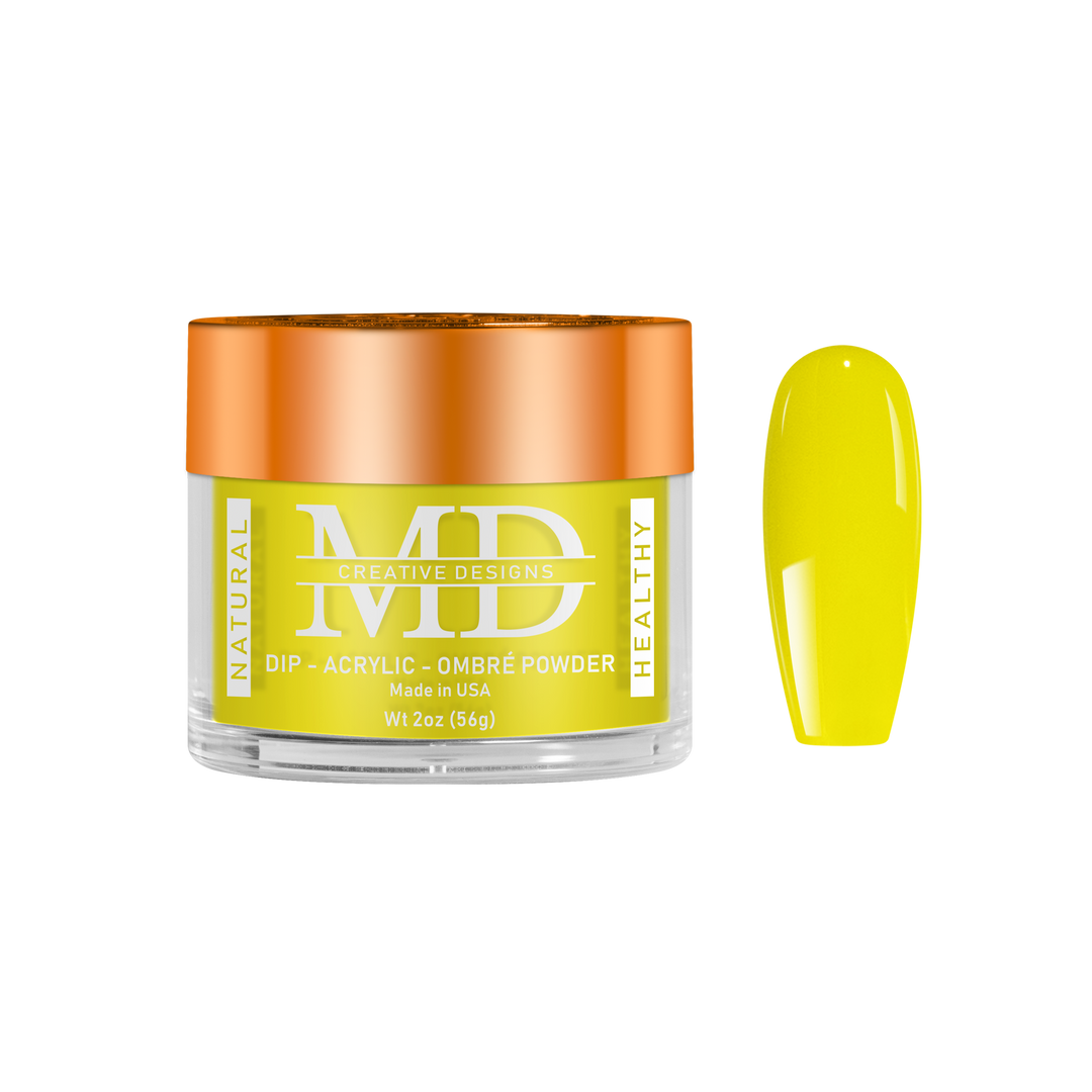 Yellow nail powder in a clear container with an orange lid on a white background