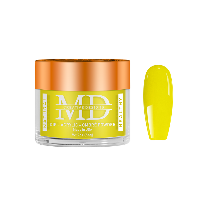 Yellow nail powder in a clear container with an orange lid on a white background
