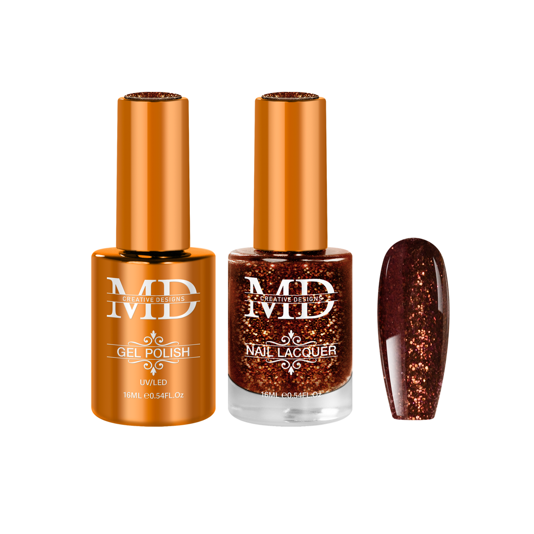 Two bottles of nail polish with a glittery brown nail tip swatch on a white background