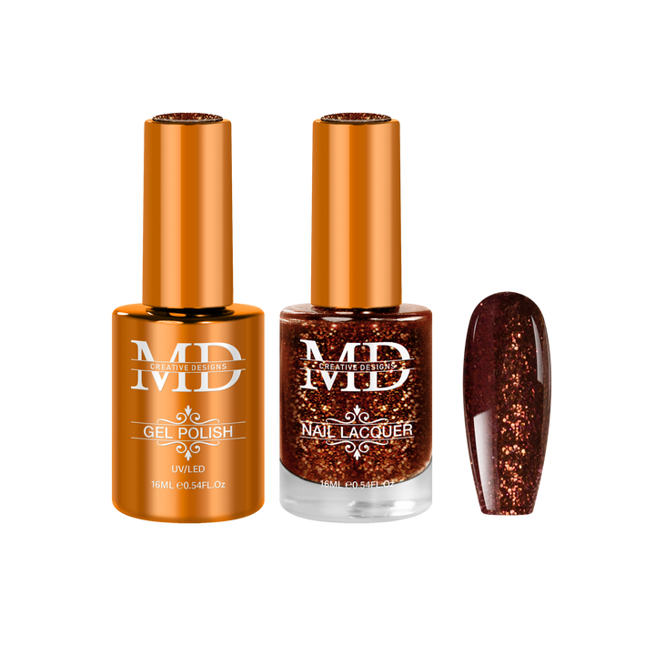 Two bottles of nail polish with a glittery brown nail tip swatch on a white background