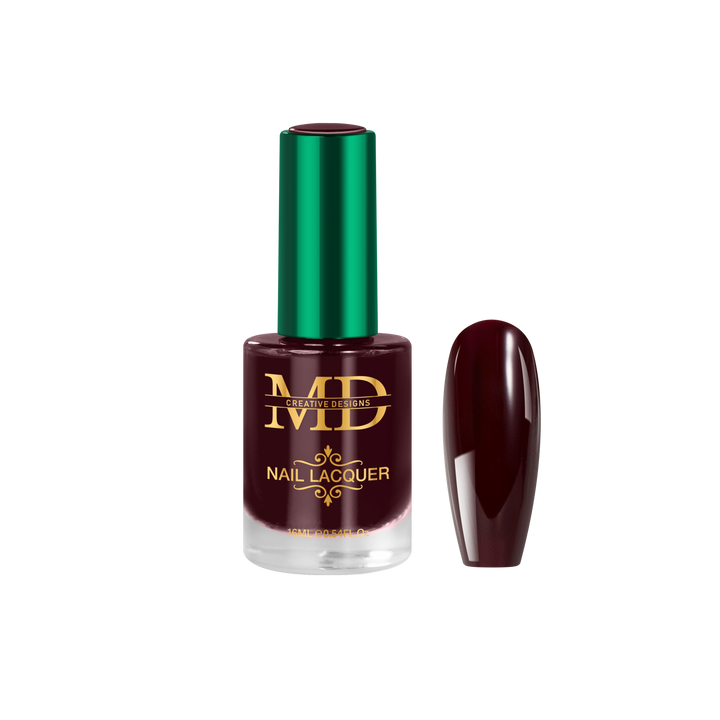 Nail polish bottle with green cap and brown nail color on white background