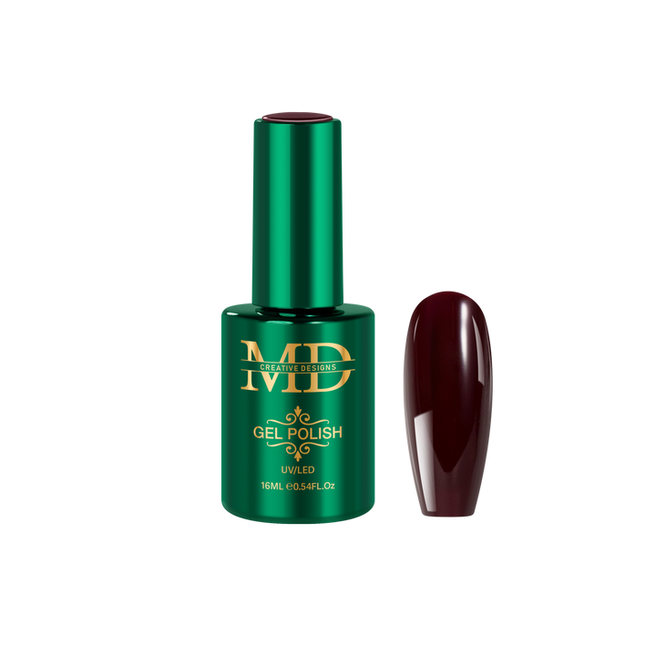 Green gel polish bottle with a brown red nail tip color swatch on a white background