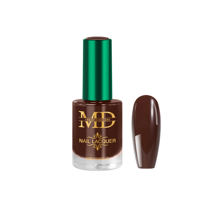 Brown nail polish bottle with green cap on a white background