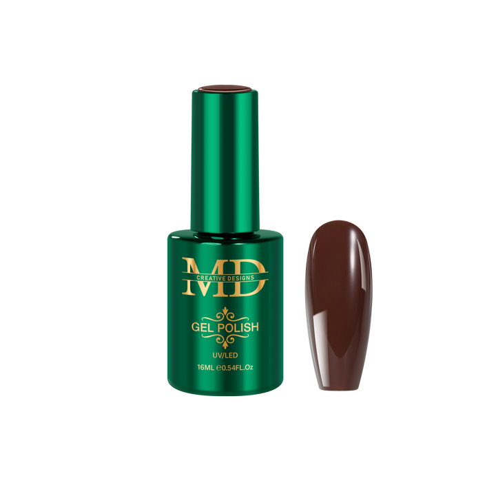 Green gel polish bottle with a brown nail tip color swatch on a white background