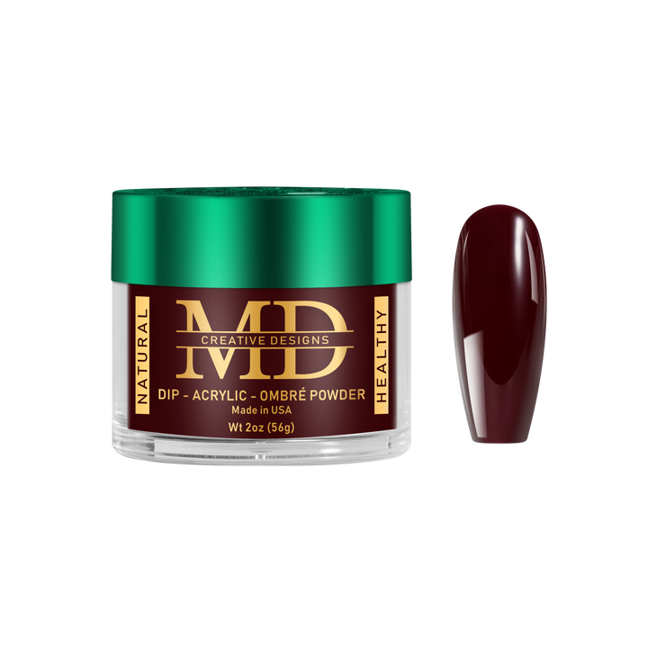 Nail powder jar with a green lid, next to a dark red nail tip color swatch on a white background.