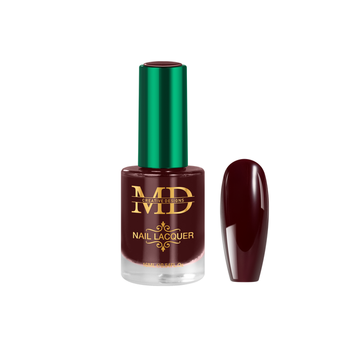 Nail polish bottle with green cap and brown nail color on white background