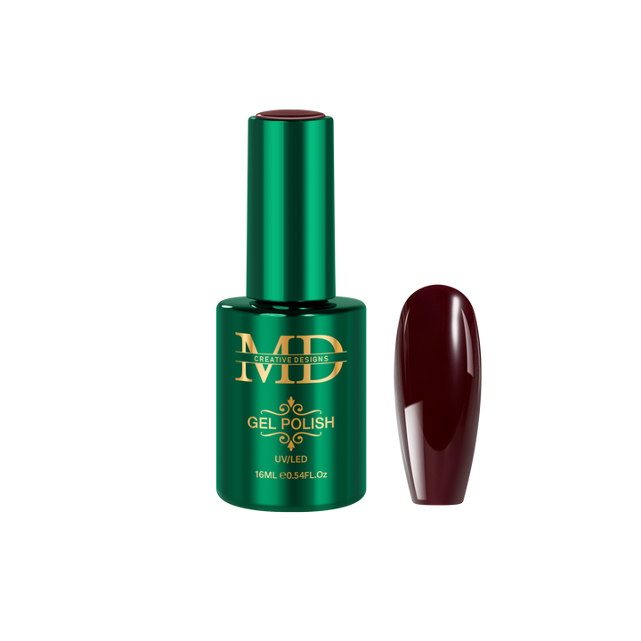 Green gel polish bottle with a maroon nail tip color swatch on a white background
