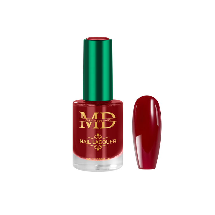 Red nail polish bottle with green cap on a white background
