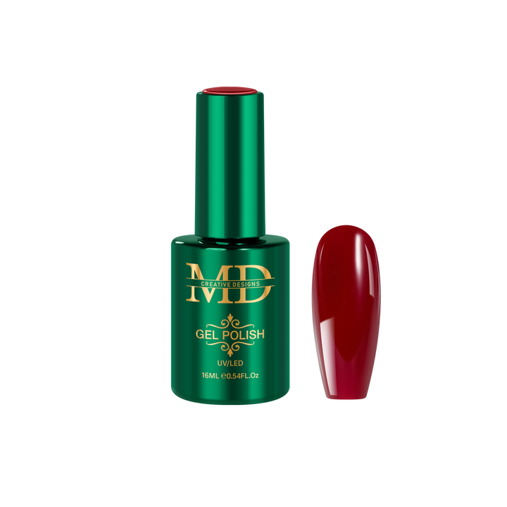 Green gel polish bottle with a red nail tip color swatch on a white background