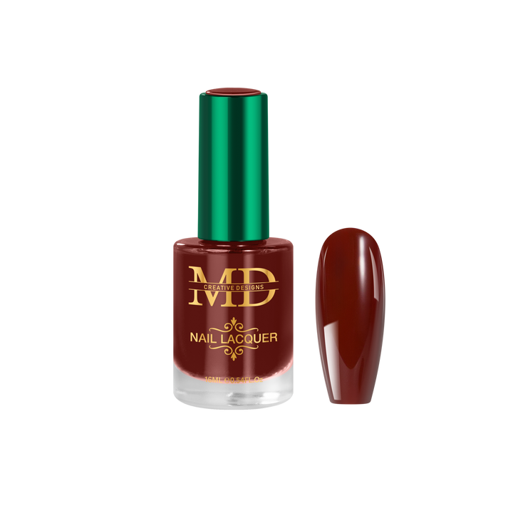 Brown nail polish bottle with green cap on a white background