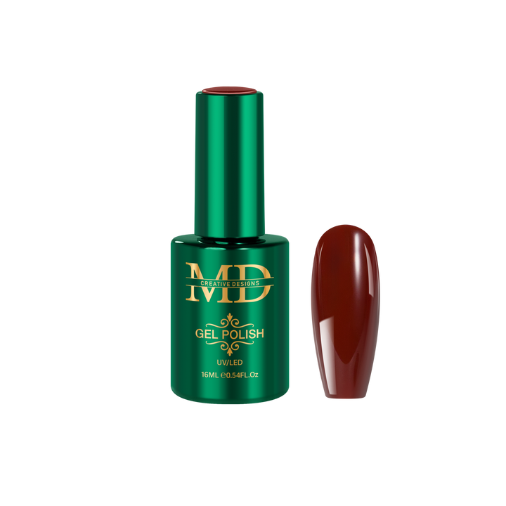 Green gel polish bottle with a red nail color tip color swatch on a white background